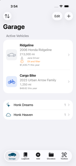 Great Honk Garage with two active vehicles and retained dream and former vehicle records